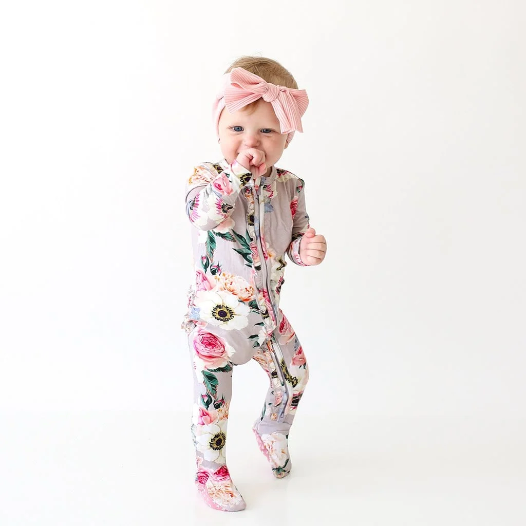 French Gray Floral Footie Ruffled Zippered One Piece