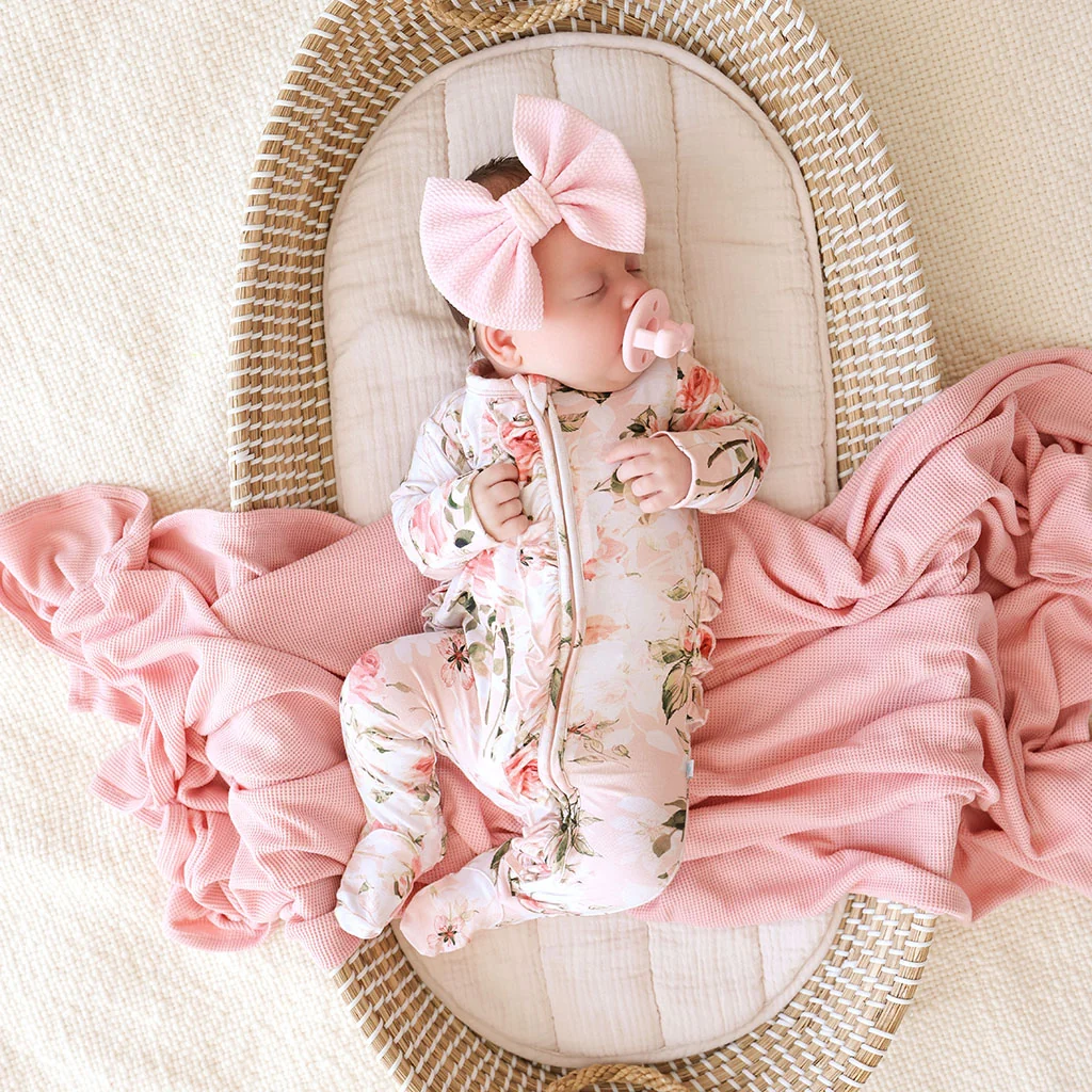Vintage Pink Rose Footie Ruffled Zippered One Piece