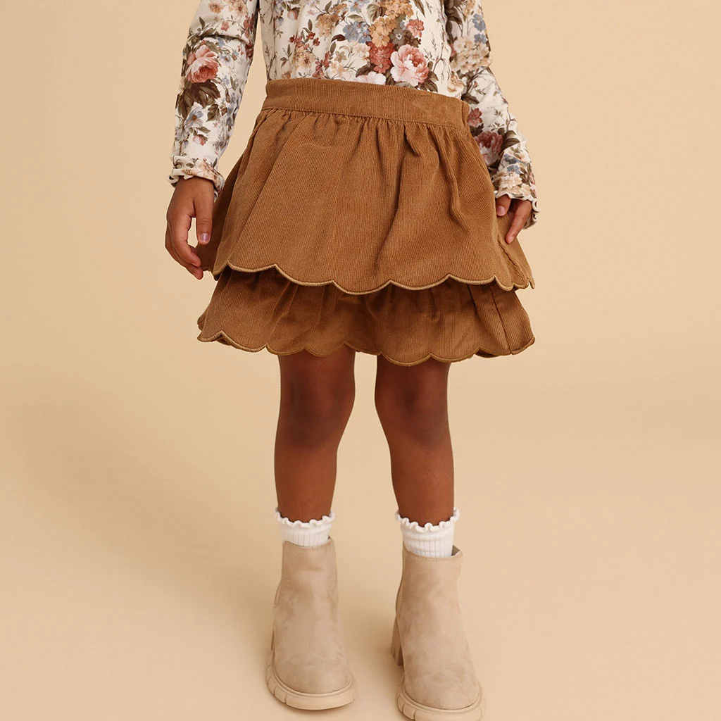 Camel Cotton Corduroy Scalloped Skirt