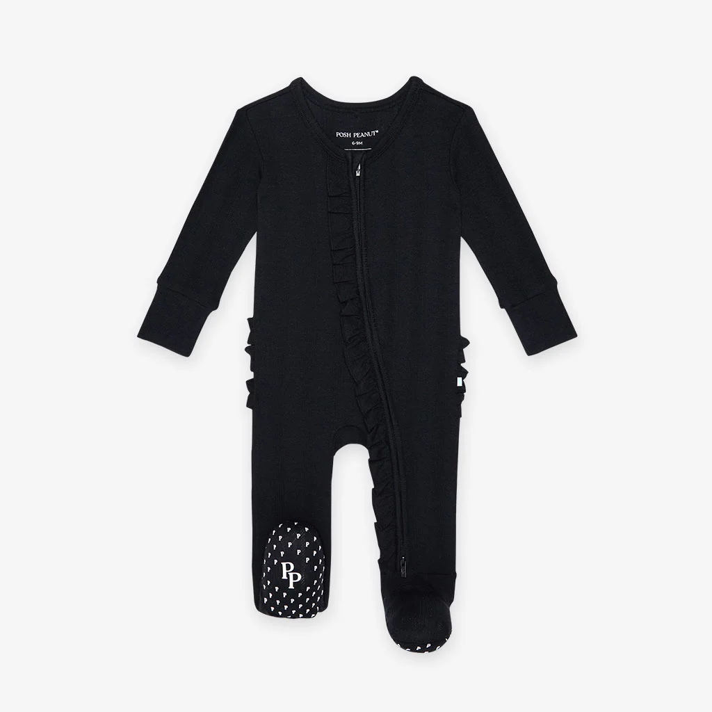 Black Pointelle Footie Ruffled Zippered One Piece